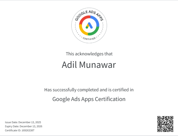 Google Ads Apps Certificate for Adil Munawar